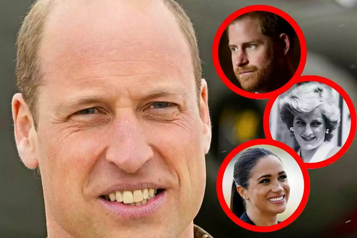 Primer plano del príncipe Guillermo con tres retratos circulares enmarcados en rojo mostrando al príncipe Harry, Meghan Markle y Lady Di.
