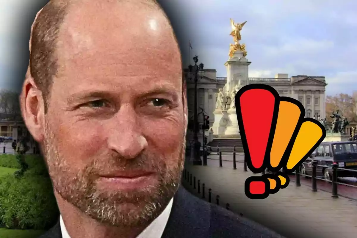 Close-up of Prince William with a beard in front of Buckingham Palace and an exclamation icon in red and yellow colors.
