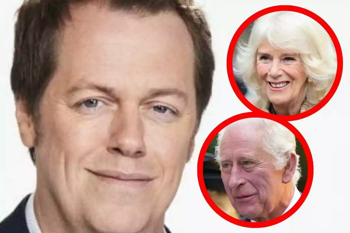 Montaje de fotos de primer plano de Tom Parker Bowles, el rey Carlos III y la reina Camila, todos con rostro sonriente.