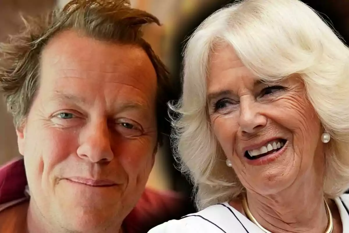 Close-up photo montage of Camila Parker and her son, Tom Parker Bowles, both with smiling faces.