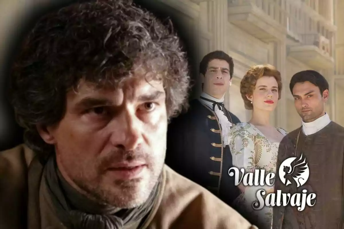 Primer plano del actor Toni Salgado con expresión seria y al fondo tres personas vestidas con ropa de época junto al logo de 'Valle Salvaje'.