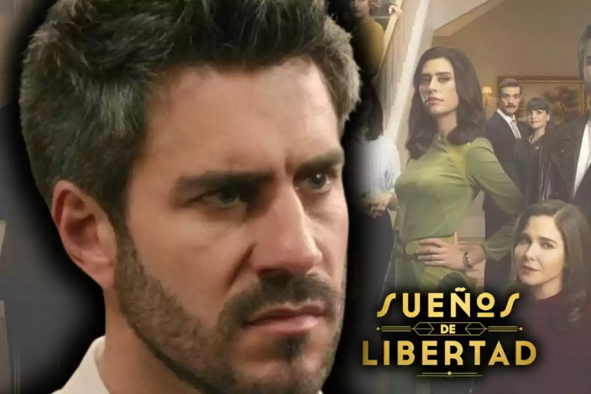 Primer plano del actor Dani Tatay con expresión seria y al fondo varios personajes de la serie 'Sueños de Libertad' junto al logo del título.