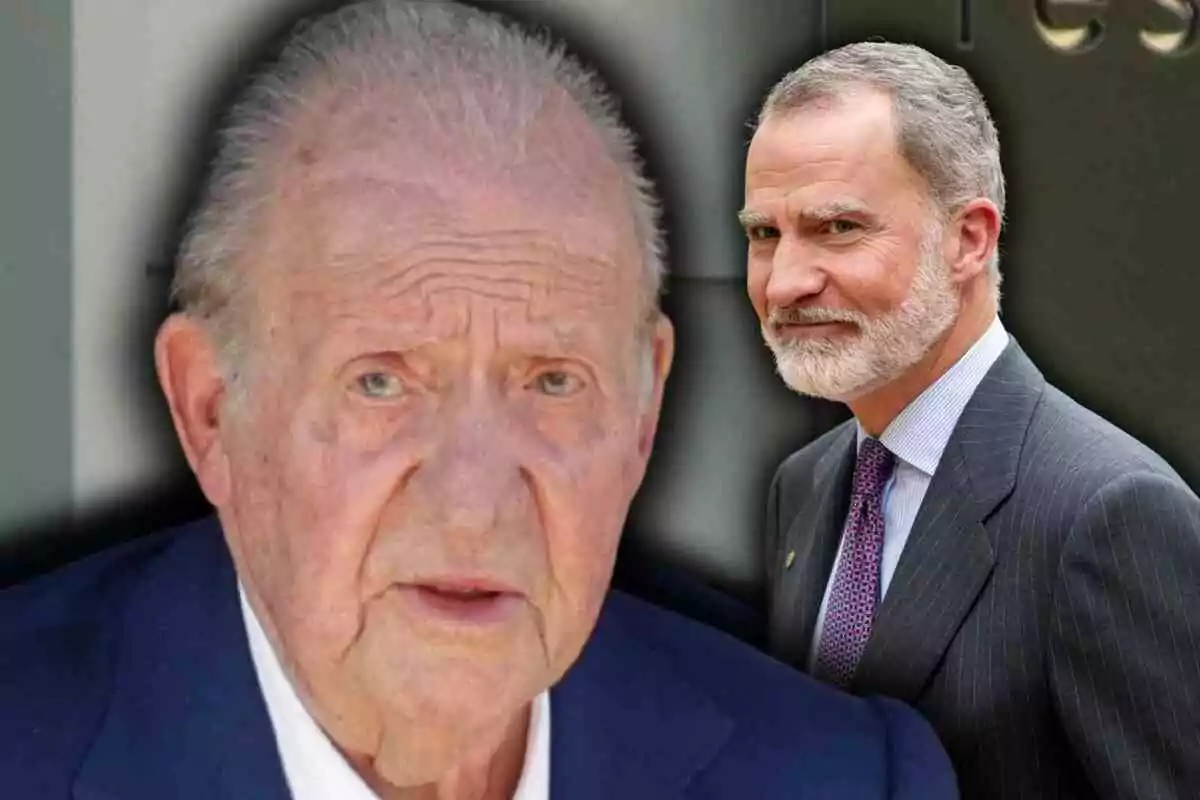 El rey emérito Juan Carlos I y el rey Felipe VI con barba y cabello canoso, Juan Carlos en primer plano con expresión seria y Felipe al fondo con traje y corbata sonriendo levemente