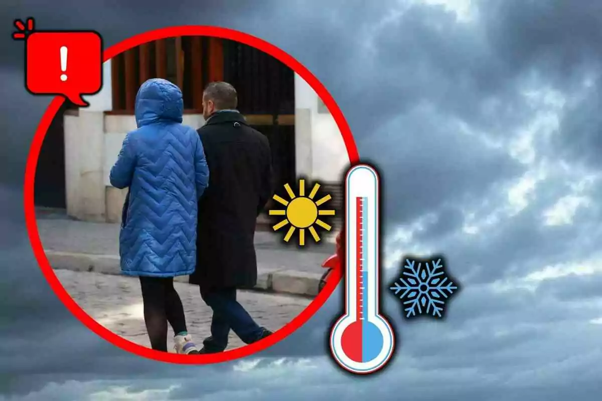 Dos personas abrigadas caminando bajo un cielo nublado con un termómetro, un sol, un copo de nieve y un ícono de advertencia indicando frío Dos personas abrigadas caminando bajo un cielo nublado con un termómetro, un sol, un copo de nieve y un ícono de advertencia indicando frío