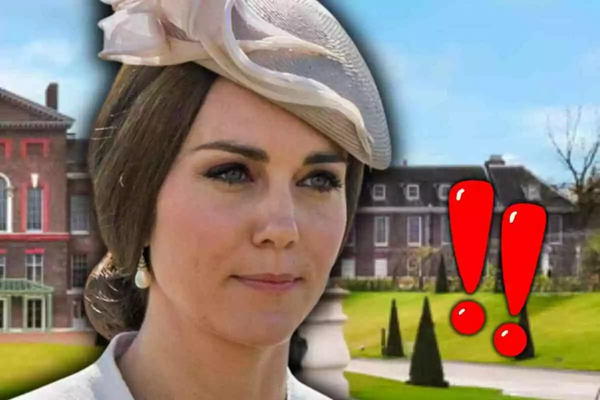 Kate Middleton con sombrero elegante y expresión seria frente a un edificio grande con dos signos de exclamación rojos a un lado