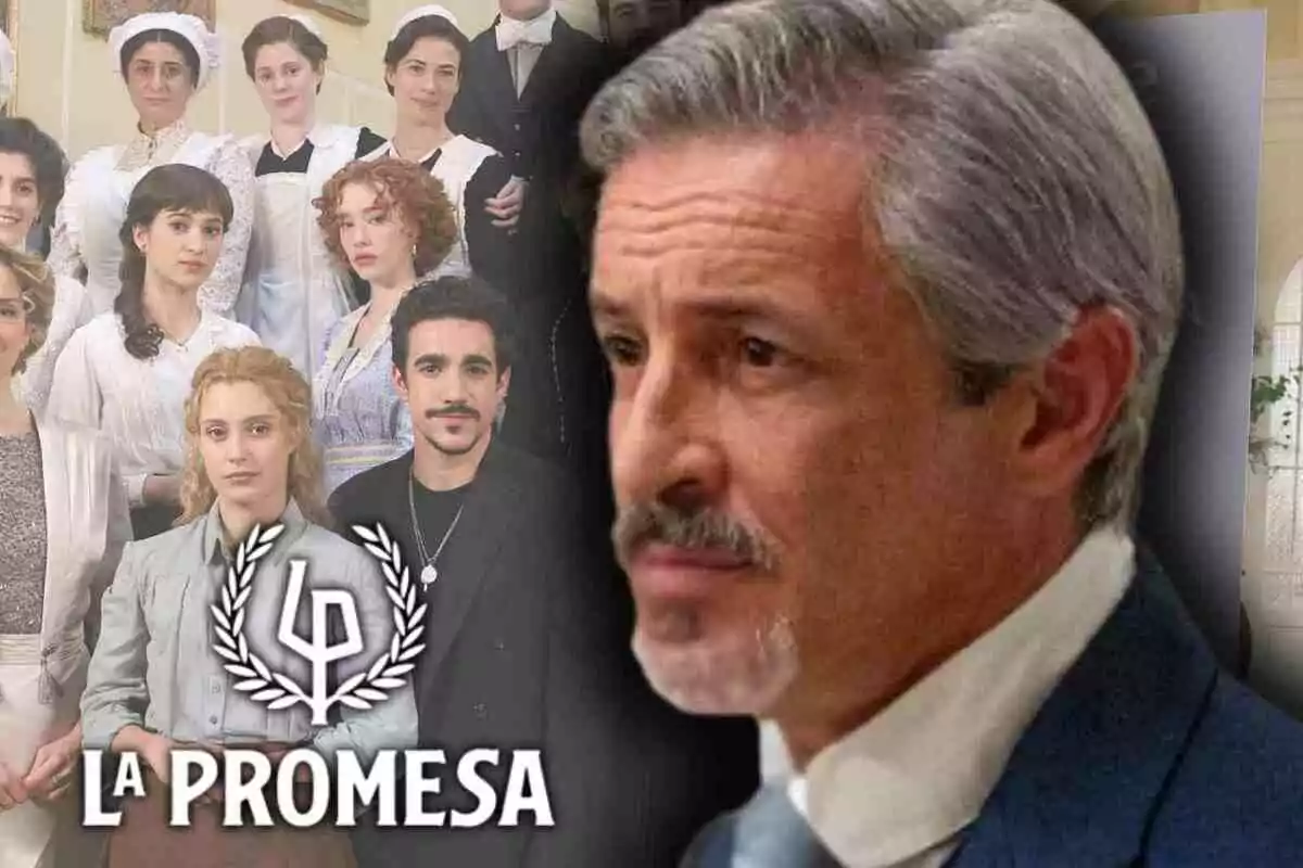 Imagen promocional de la serie La Promesa con varios personajes vestidos de época y el rostro de Fernando Coronado mayor en primer plano