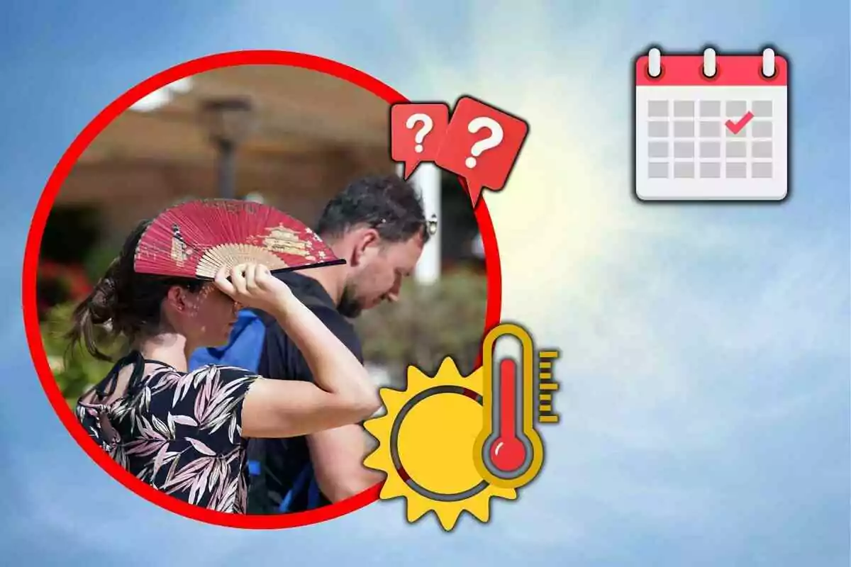 Una mujer se abanica para protegerse del calor mientras un hombre camina detrás, acompañados de iconos de sol, termómetro, calendario y signos de interrogación. Una mujer se abanica para protegerse del calor mientras un hombre camina detrás, acompañados de iconos de sol, termómetro, calendario y signos de interrogación.