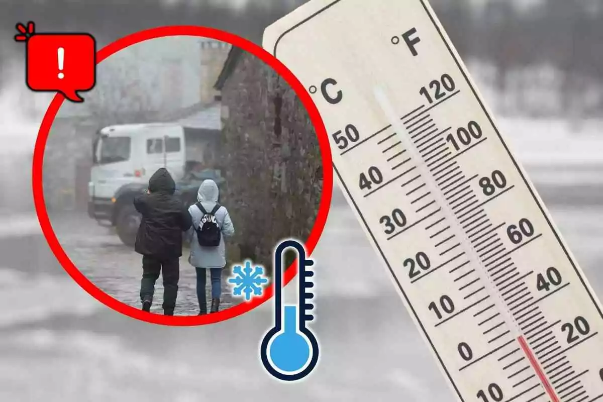 Termómetro marcando baja temperatura con dos personas abrigadas caminando y un ícono de advertencia junto a un símbolo de frío