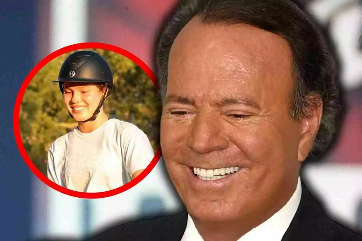 Julio Iglesias smiling in the foreground with a circular frame showing Cristina Iglesias wearing a riding helmet and a light-colored jersey