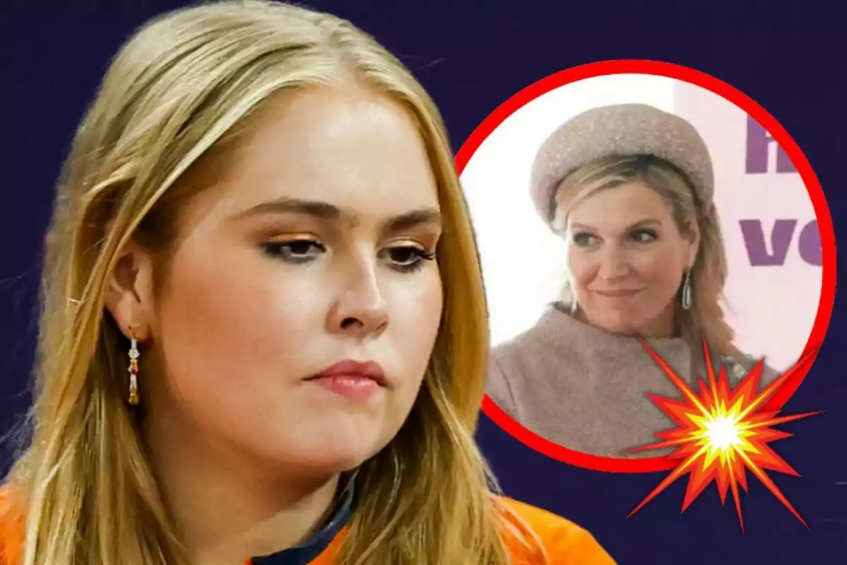 Amalia de Holanda con expresión seria en primer plano y Máxima de Holanda con boina dentro de un círculo rojo en el fondo