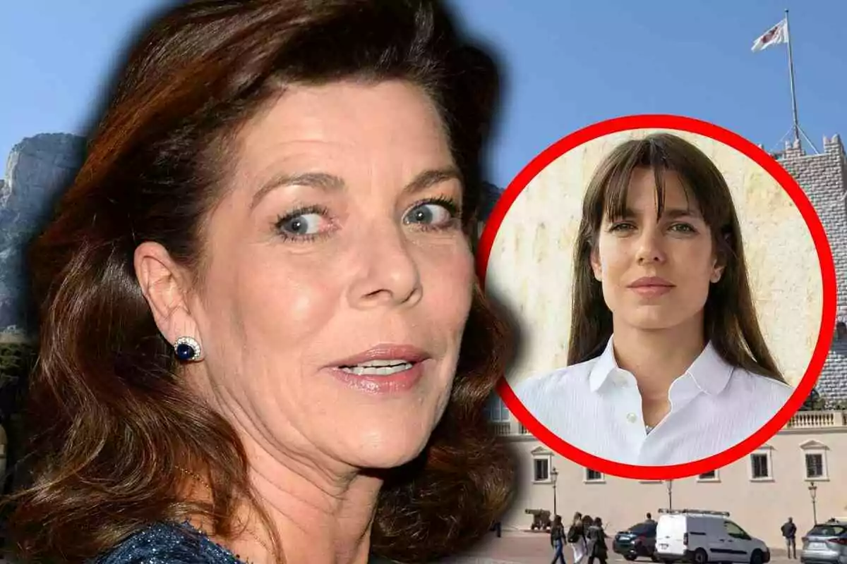 Primer plano de Carolina de Mónaco con pendientes oscuros y al fondo un círculo rojo que enmarca el rostro de Carlota Casiraghi de cabello lacio y flequillo, ambas en un entorno al aire libre