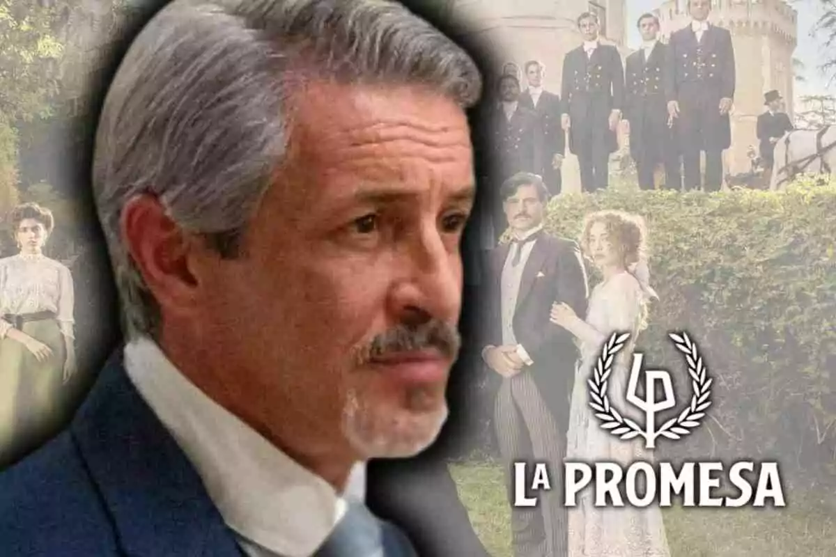 Primer plano de Cristóbal (Fernando Coronado) de cabello canoso y bigote con expresión seria al frente de un fondo difuminado donde aparecen varios personajes vestidos de época y el logo de la serie La Promesa
