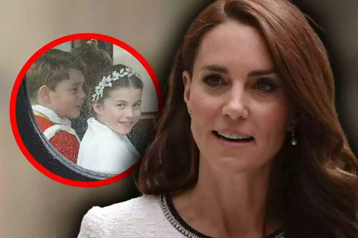 Kate Middleton aparece en primer plano mientras en un círculo rojo se observa a los príncipes Charlotte y George vestidos de manera elegante, uno de ellos con una diadema de flores blancas.