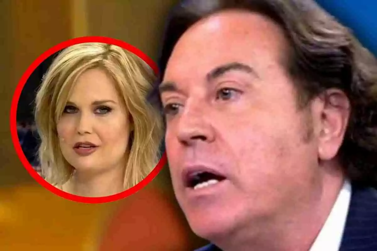 Primer plano de Pipi Estrada hablando con el rostro de Miriam Sánchez enmarcado en un círculo rojo al fondo