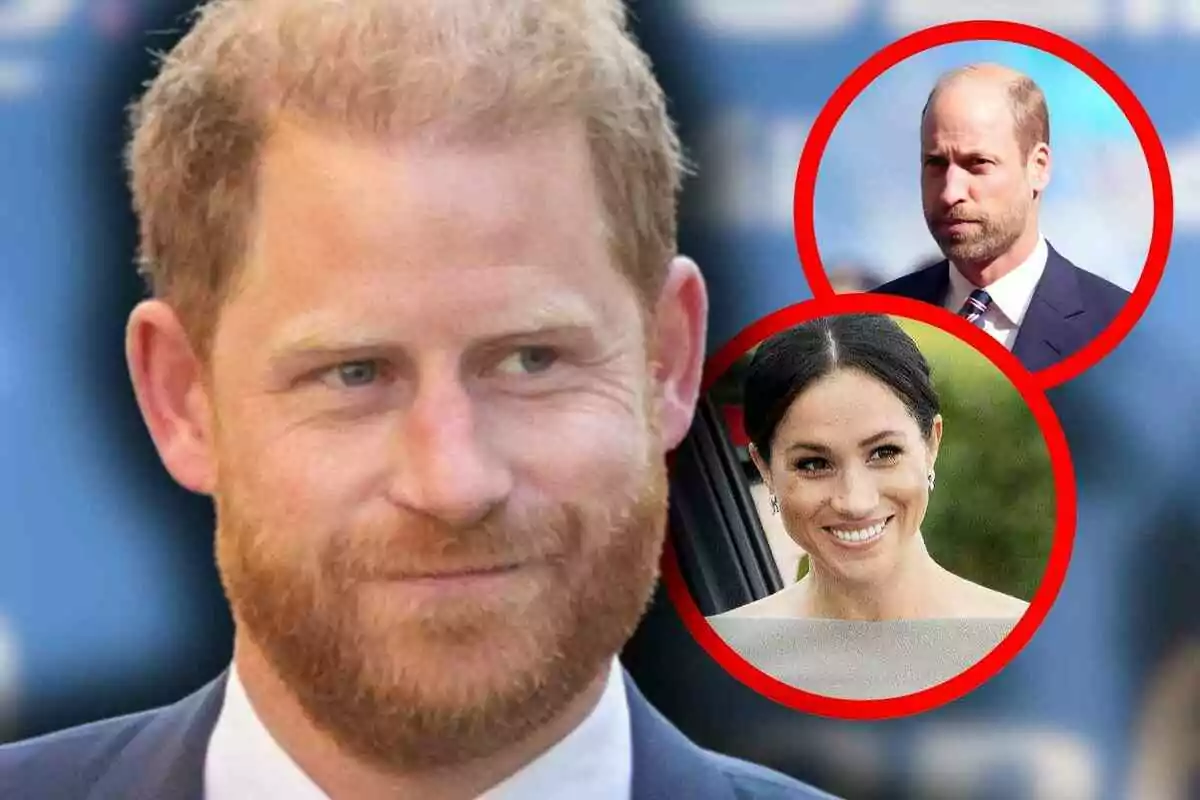 Prince Harry with a beard appears in the foreground, while in the background two faces can be seen inside red circles: Prince William with a beard and Meghan Markle smiling.