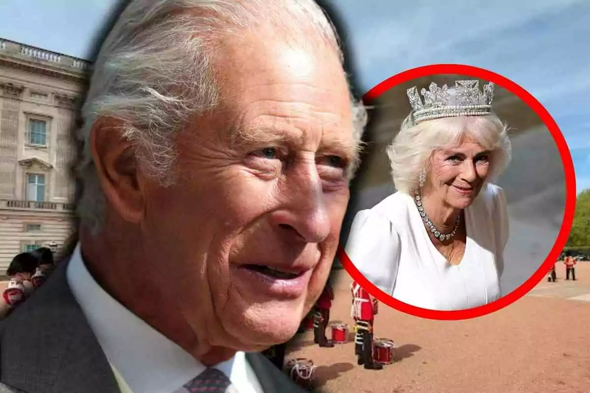 Close-up of King Charles III with gray hair and a palace in the background, next to a red circle framing Camilla Parker wearing a crown and a white dress