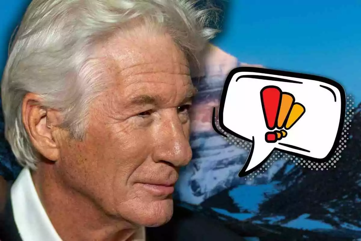 Richard Gere looking to the right with a mountain background and a speech bubble featuring a stylized exclamation mark.