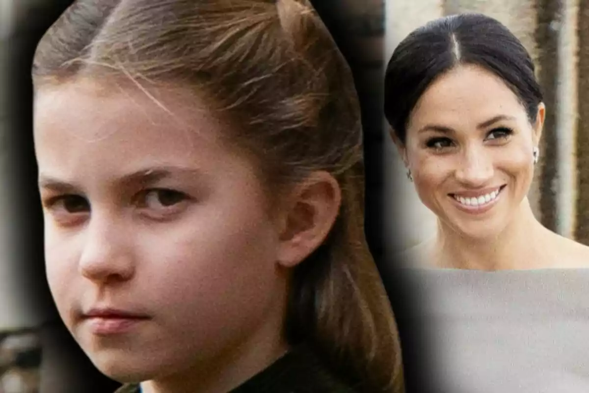 Close-up photo montage of Princess Charlotte with a serious face and Meghan Markle smiling in the background.