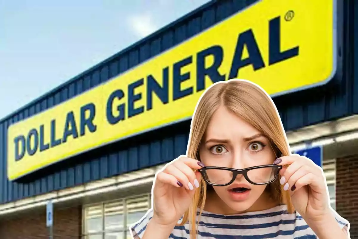 Surprised woman in front of a Dollar General store