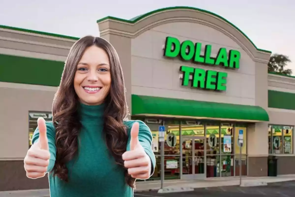 Smiling woman giving thumbs up in front of a Dollar Tree store