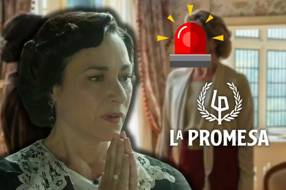 Isabel Serrano con expresión preocupada y manos juntas en primer plano, al fondo otra mujer desenfocada con un icono de alarma roja sobre su rostro y el texto La Promesa junto a un logotipo.