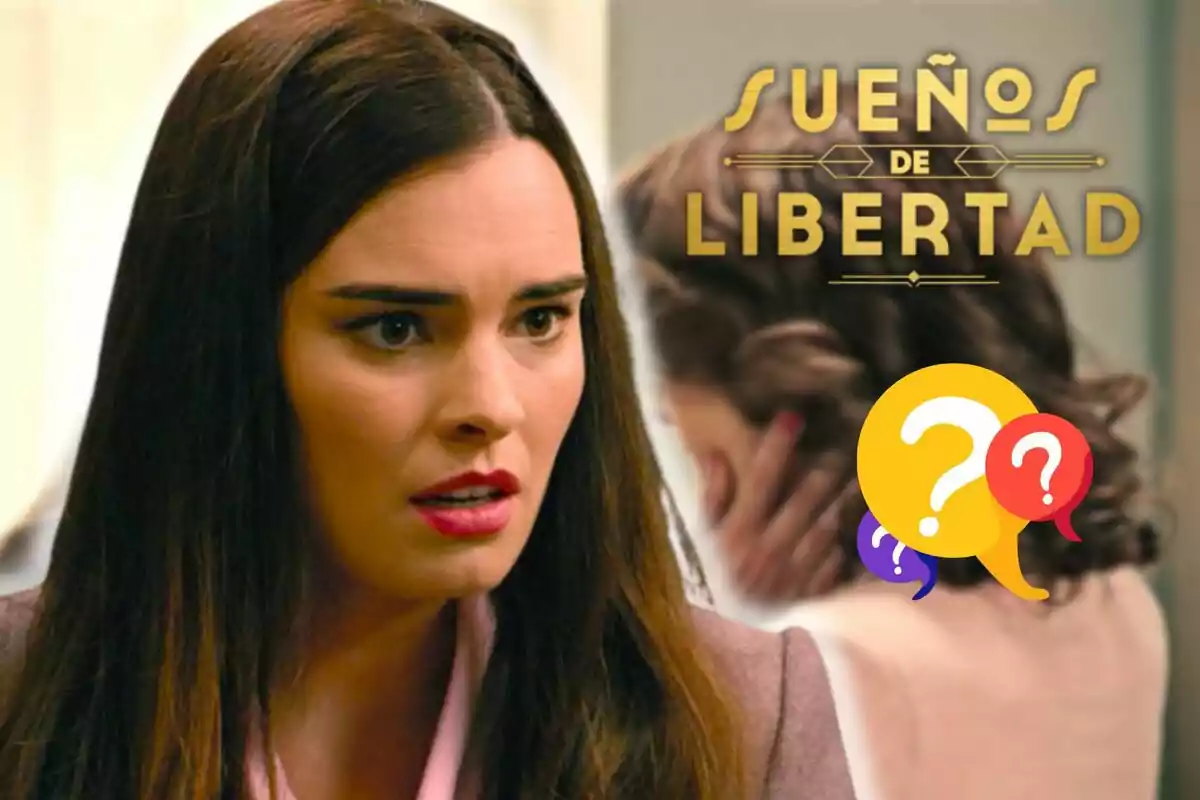 Alba Brunet con expresión de sorpresa o preocupación, fondo con el texto Sueños de Libertad y burbujas de diálogo con signos de interrogación