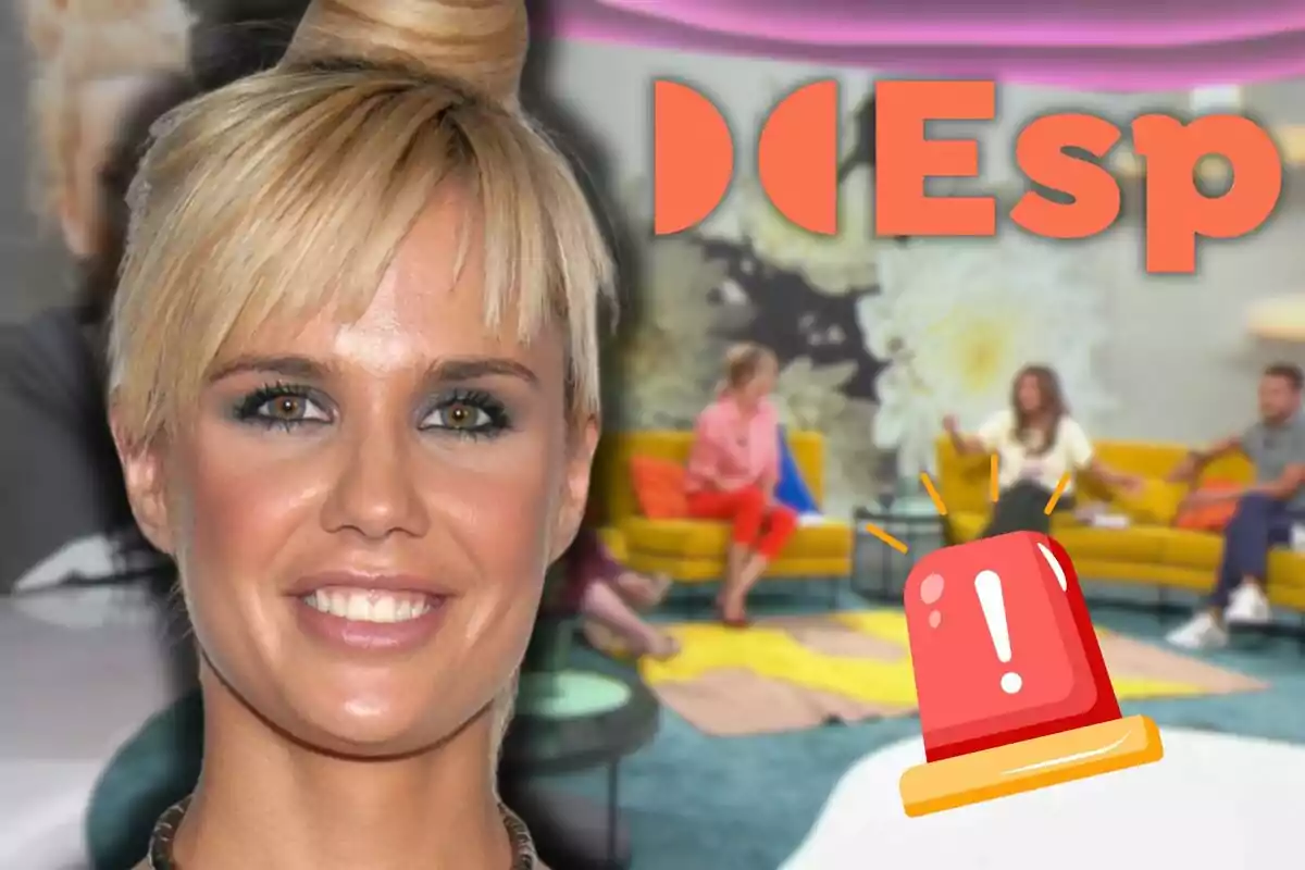 Miriam Sánchez sonriente en primer plano con fondo de un set de televisión colorido y un icono de alerta roja