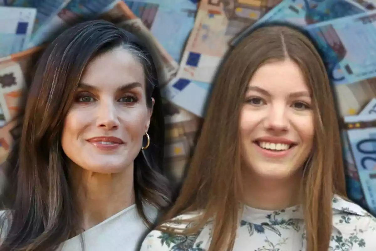 La reina Letizia y la infanta Sofía sonrientes en primer plano con billetes de euro desenfocados al fondo
