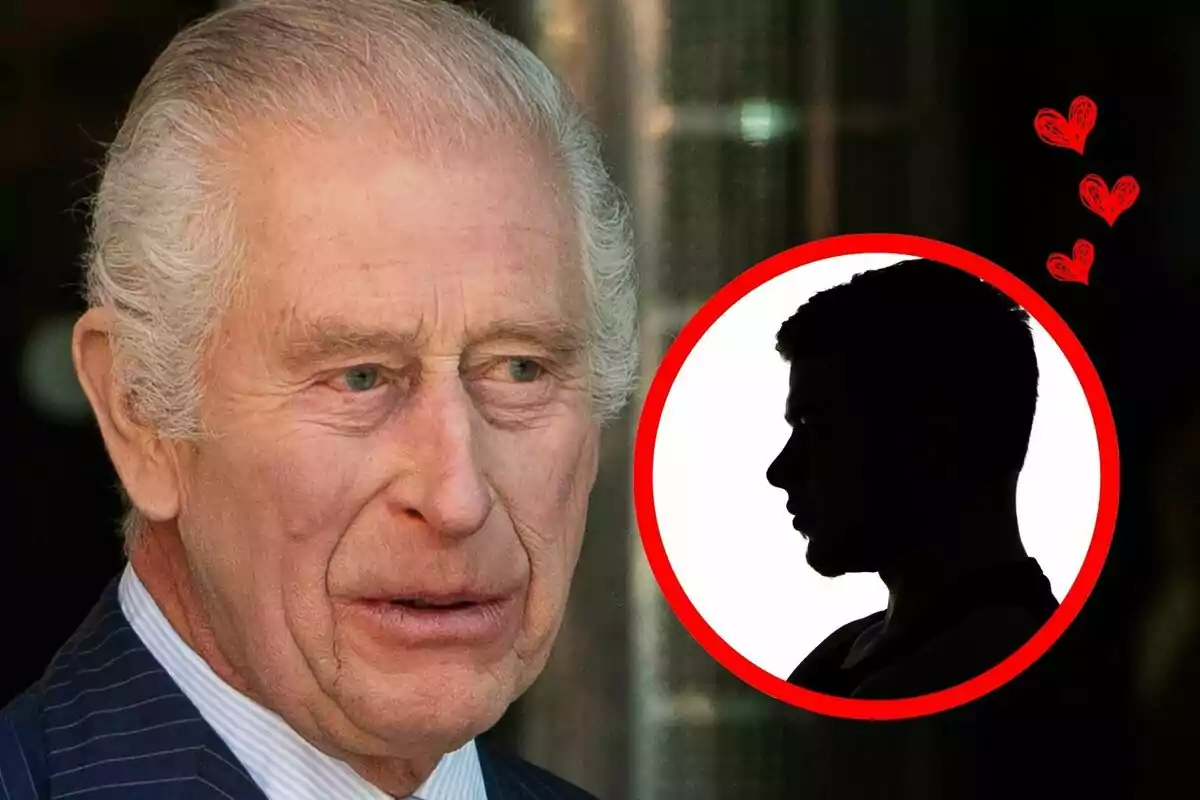 Primer plano de Carlos III con expresión seria y un círculo rojo con la silueta de un hombre joven en perfil acompañado de corazones dibujados.