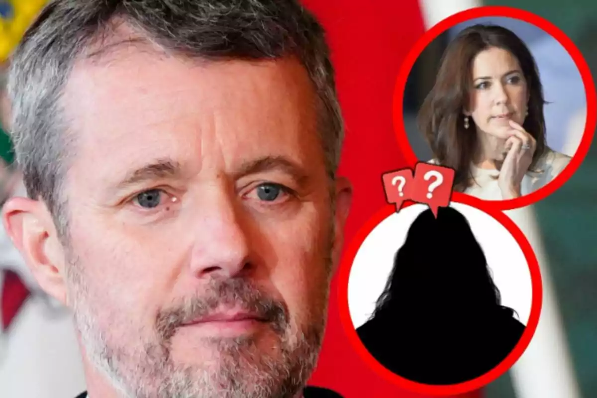 Primer plano de Federico de Dinamarca con expresión seria al frente y dos círculos rojos en la esquina superior derecha, uno con la imagen de una mujer pensativa, que es Mary de Dinamarca, y otro con la silueta de una persona y signos de interrogación.
