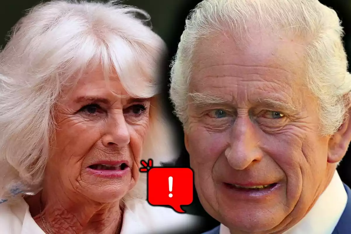 Close-up photo montage of Camila Parker and King Charles III with serious expressions and a red warning balloon with an exclamation mark between them.