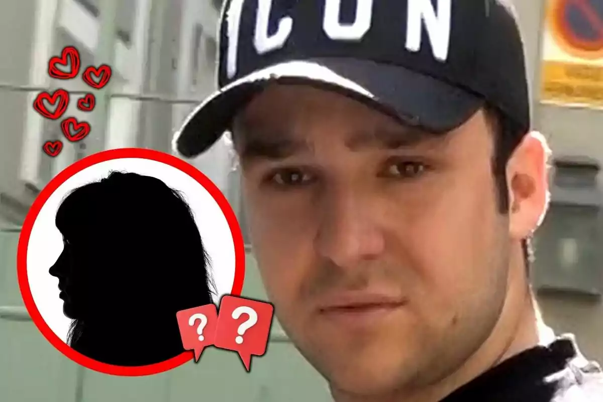 Montaje de fotos de Froilán con gorra negra que dice ICON y un círculo rojo con la silueta de una mujer, corazones y signos de interrogación.