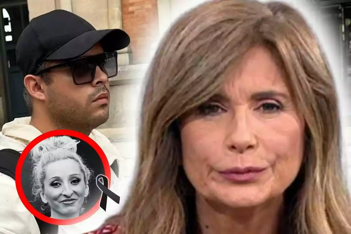 Montaje de fotos de primer plano deGema López seria, José Fernando serio y Michu con un crespón negro en señal de luto.