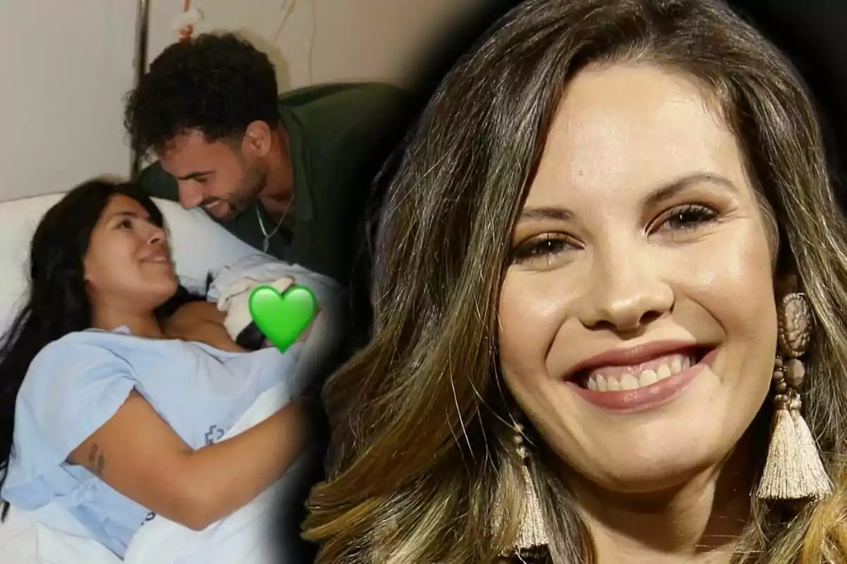 Jessica Bueno sonriente en primer plano y al fondo una pareja en una habitación de hospital con una mujer recostada en una cama sosteniendo a un bebé cubierto con un emoji de corazón verde mientras un hombre la mira con ternura, la pareja es Asraf Beno, Isa Pantoja y su hijo en común, Cairo.
