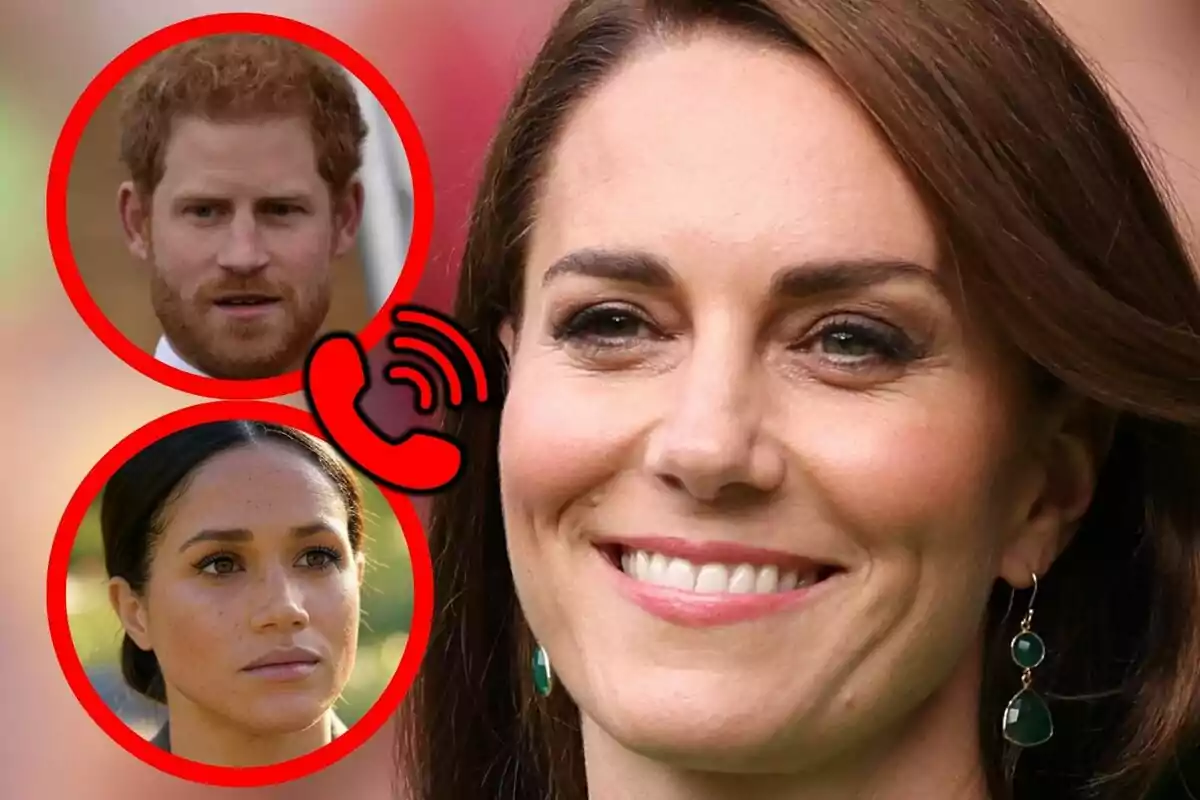 Photo montage of Kate Middleton in close-up with two faces framed in red circles—Prince Harry and Meghan Markle—and a phone call icon between them.