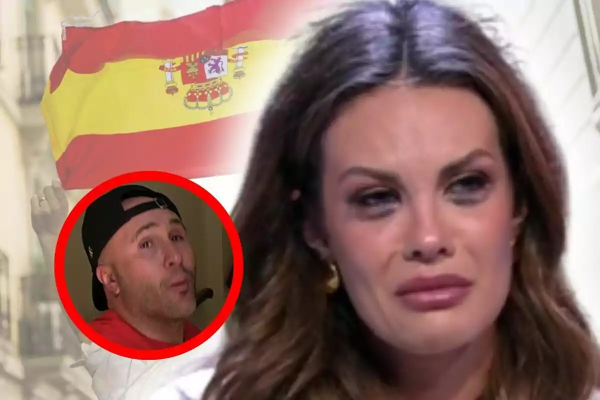Jessica Bueno con expresión triste en primer plano, bandera de España al fondo y Kiko Rivera con gorra dentro de un círculo rojo en la esquina izquierda.