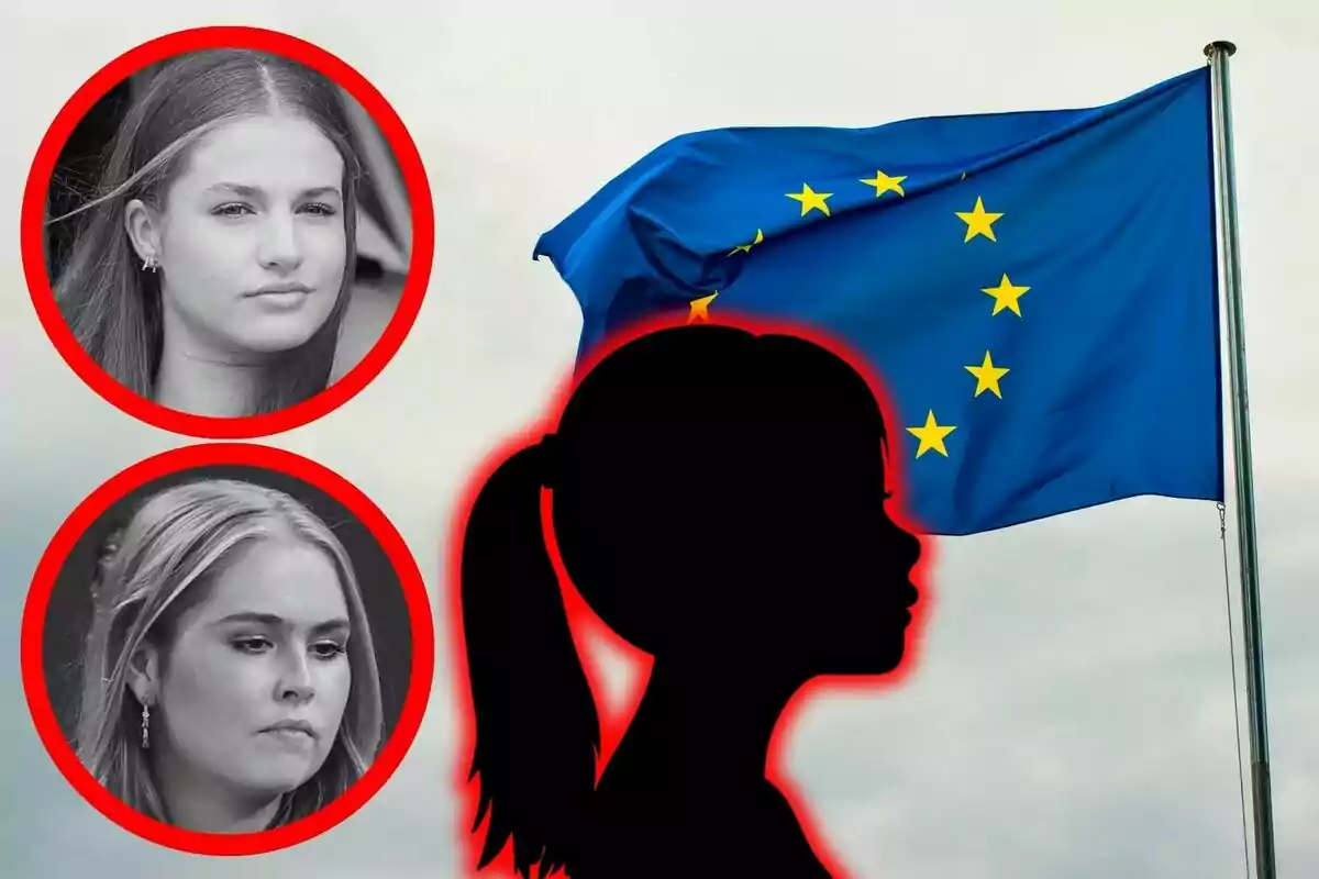 Dos retratos en blanco y negro de mujeres jóvenes enmarcados en círculos rojos -que son Leonor de Borbón y Amalia de Holanda- junto a la silueta de una joven resaltada en rojo sobre el fondo de una bandera de la Unión Europea ondeando.