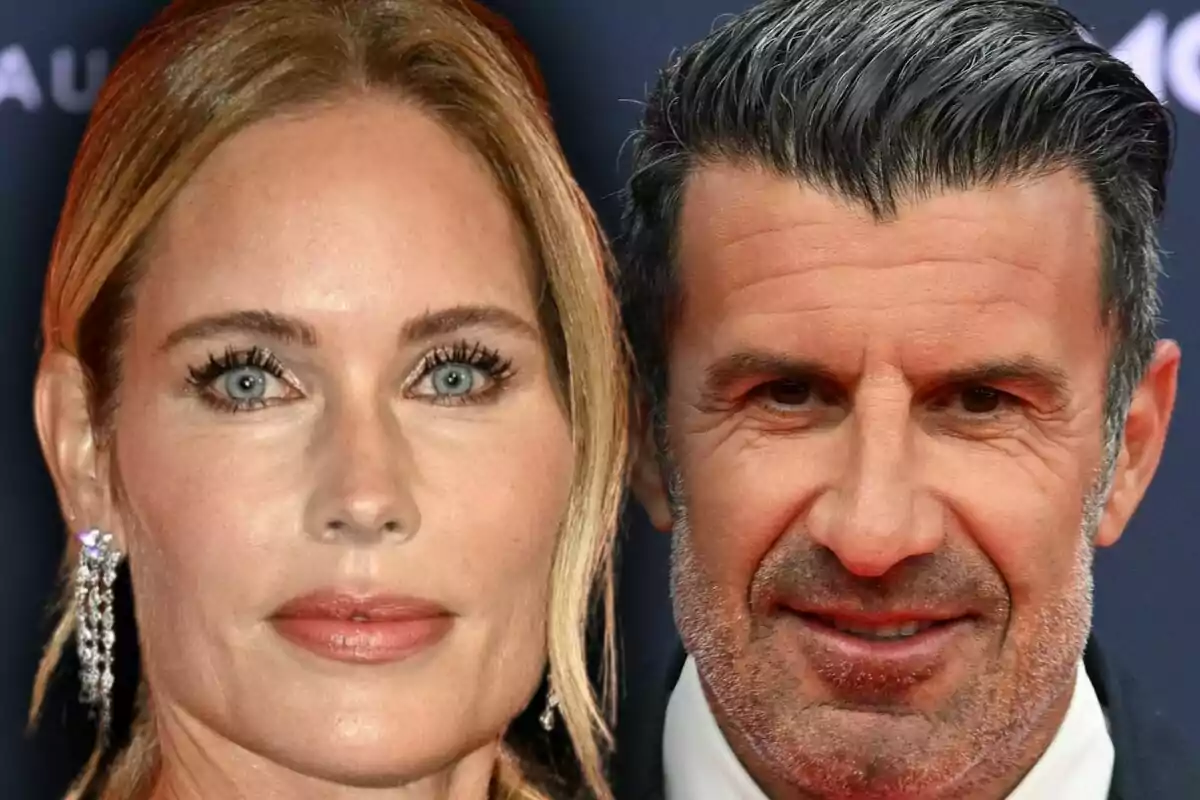 Close-up of Helen Svedin with sparkling earrings and Luis Figo with dark hair and a short beard, both looking at the camera.