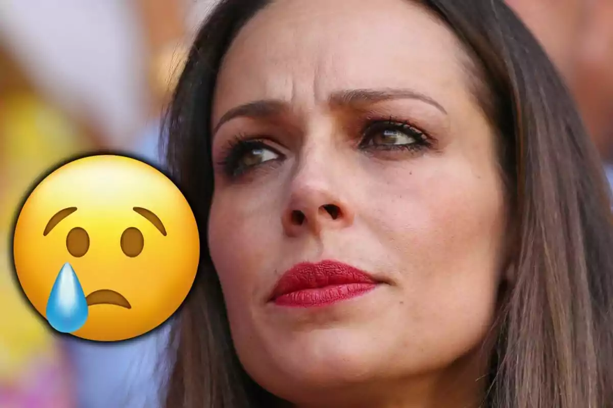 Eva González con expresión seria y un emoji de carita triste con lágrima a su lado.