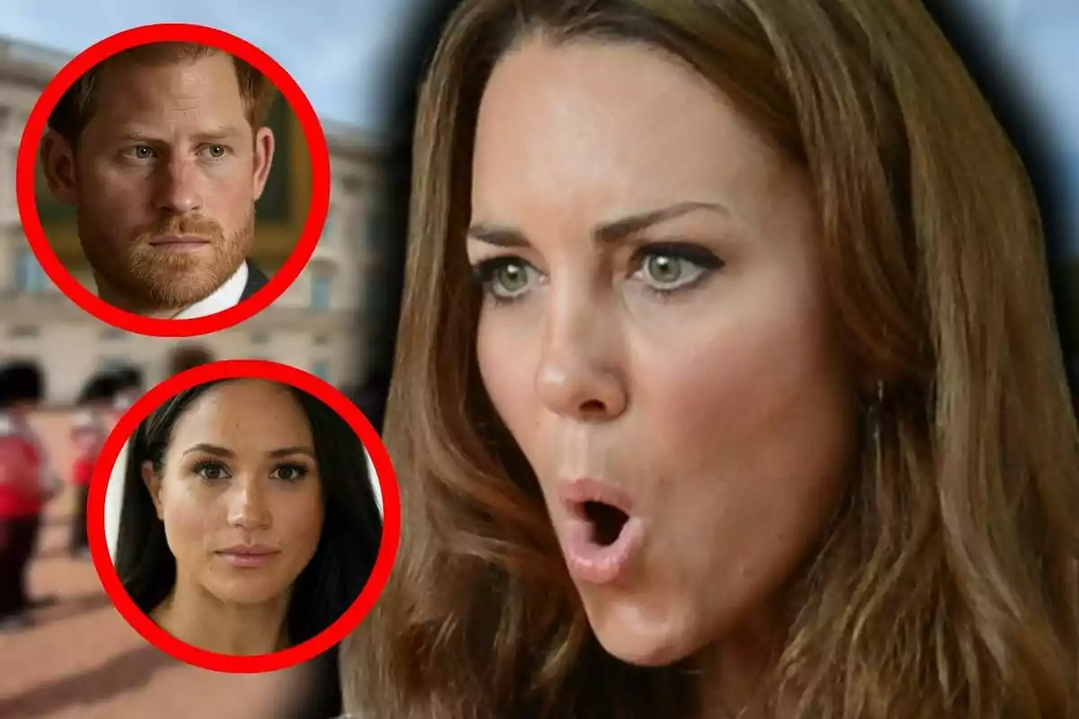 Kate Middleton with a surprised expression in the foreground and two faces framed in red circles in the background, which are Prince Harry and Meghan Markle.