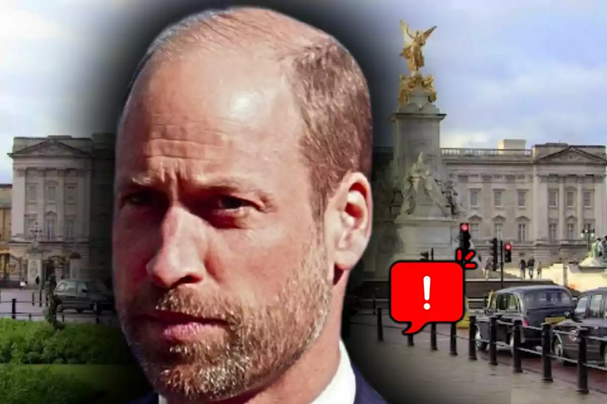 Photo montage of Prince William with a serious expression in front of Buckingham Palace, featuring a warning icon on the image.