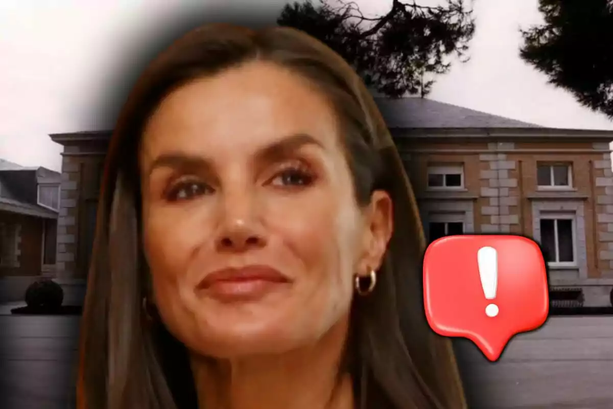 Photo montage of Queen Letizia with the Zarzuela Palace in the background and a red exclamation mark emoji.