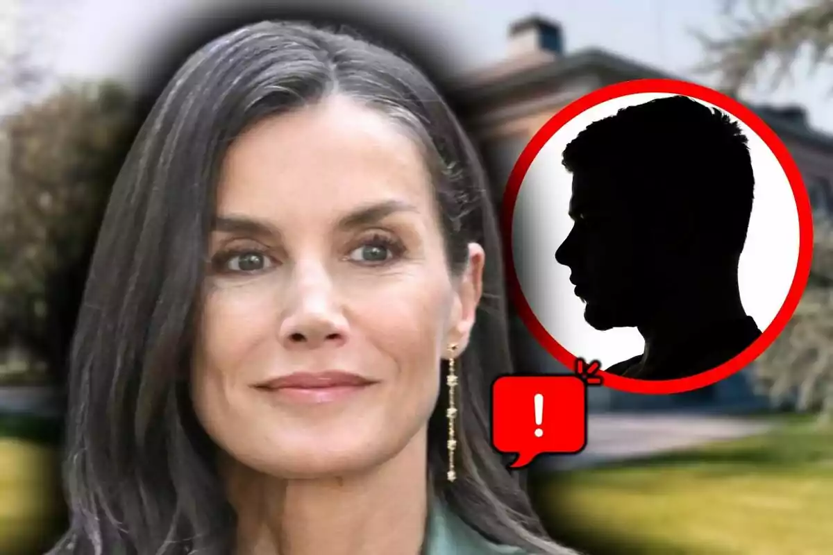 Letizia Ortiz in the foreground with a red circle containing the silhouette of a man and an exclamation mark icon against a blurred outdoor background.