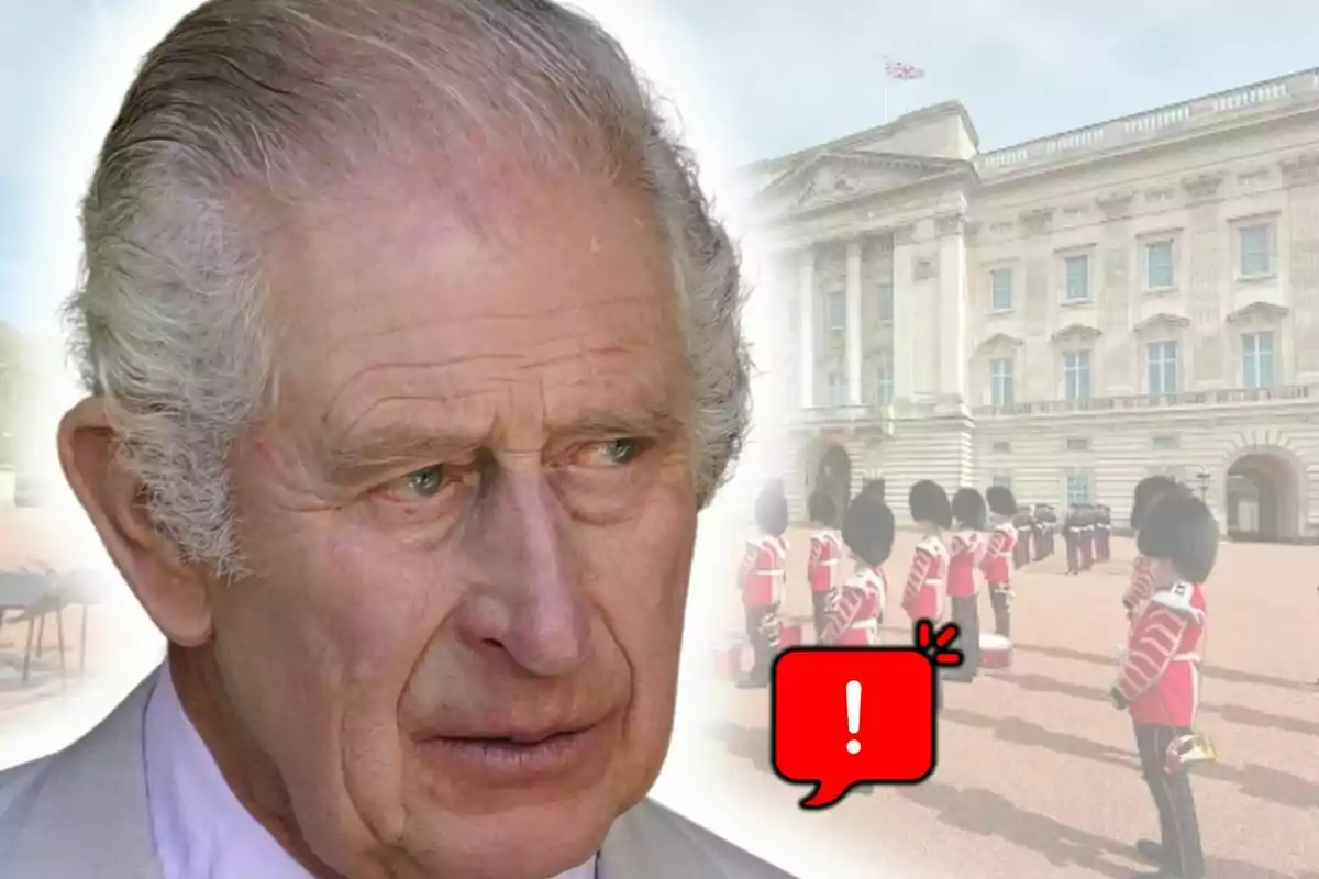 King Charles III with a serious expression in front of Buckingham Palace with uniformed guards and a red warning icon.