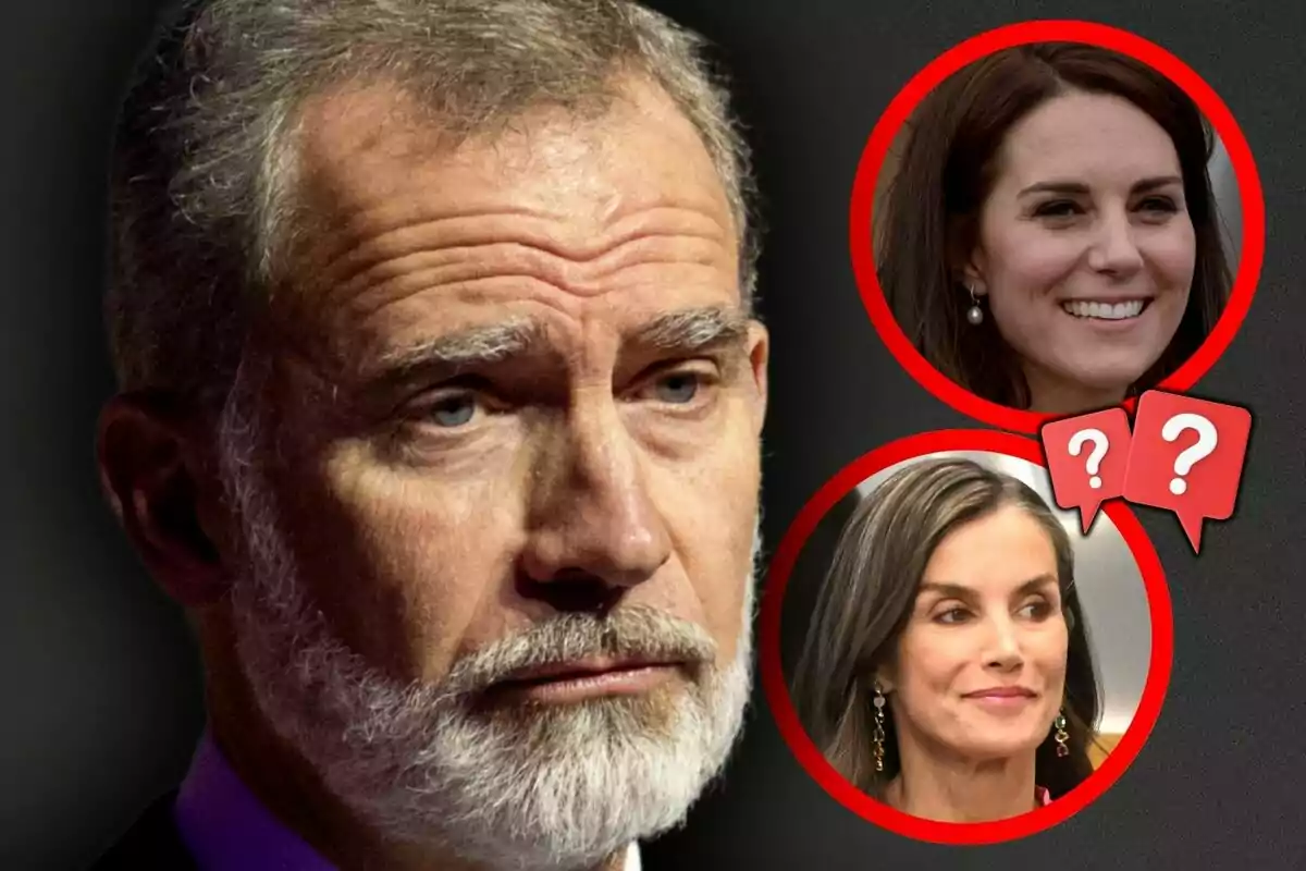 Photo montage of King Felipe of Bourbon with a serious expression in the foreground and two women in red circles, who are Kate Middleton and Queen Letizia Ortiz, with question marks in the upper right corner.