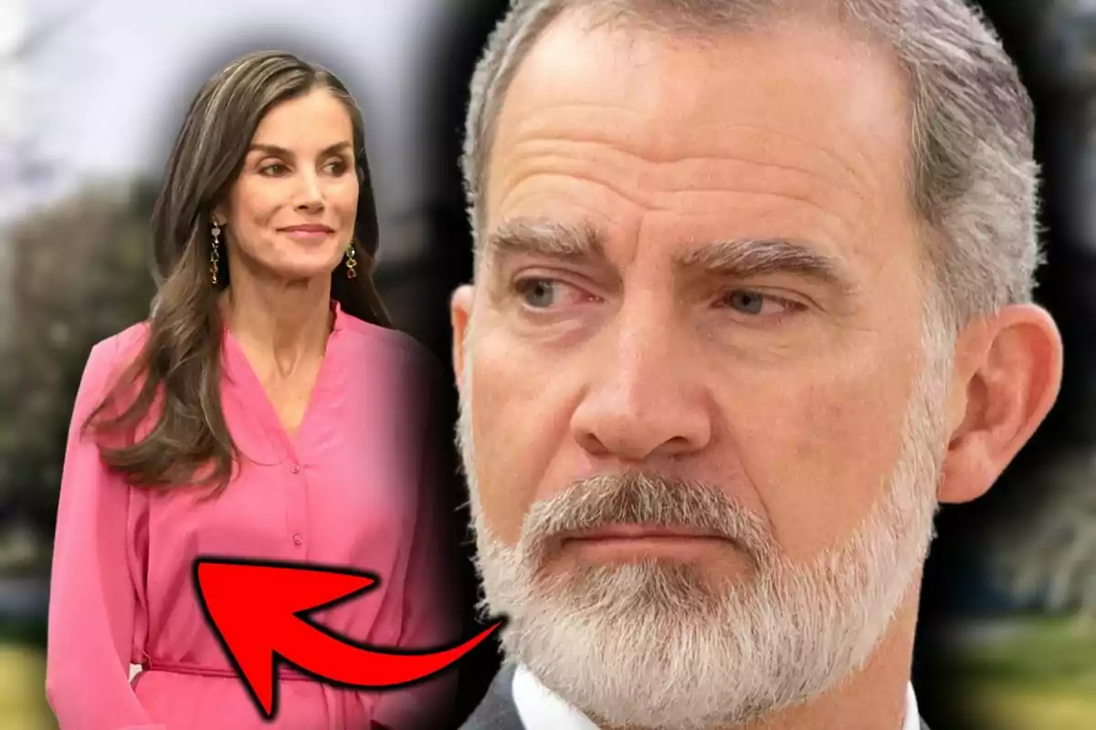 Letizia Ortiz in a pink dress and King Felipe with gray beard appear in the foreground, with a red arrow pointing at her.