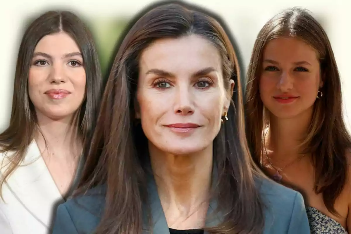 La infanta Sofía, la reina Letizia y la princesa Leonor posan mirando a la cámara con expresiones serenas sobre un fondo claro difuminado