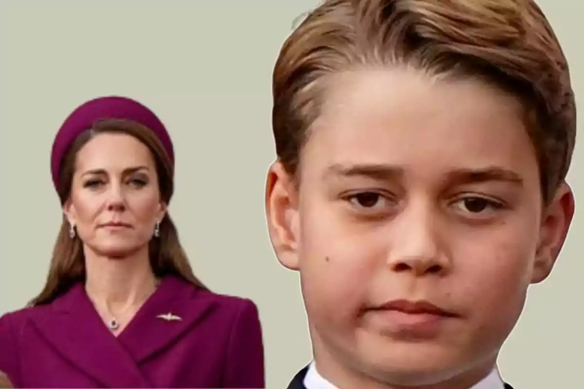 Woman in a purple coat and hat in the background and a boy in the foreground with a serious expression against a light background