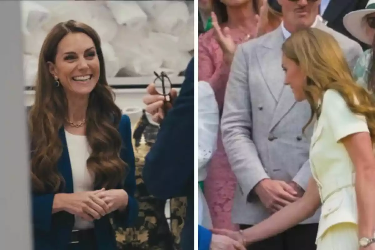 Mujer de cabello largo y castaño sonríe en un entorno social y en otra imagen saluda a alguien en un evento formal rodeada de personas elegantemente vestidas Mujer de cabello largo y castaño sonríe en un entorno social y en otra imagen saluda a alguien en un evento formal rodeada de personas elegantemente vestidas