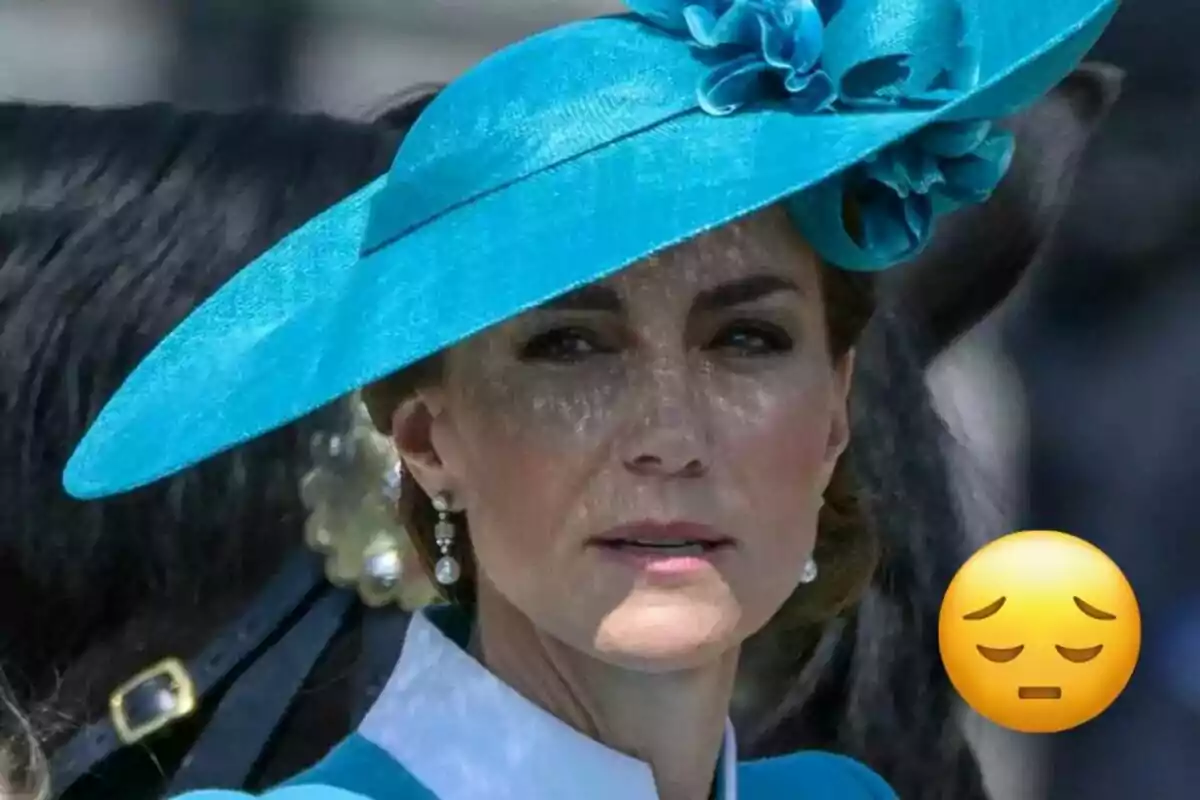 Woman with a blue hat and a serious expression next to a sad emoji